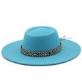 Klassischer himmelblauer Wollfilzhut mit flachem Kopf und ethno-gewebtem Band mit Kordeln - M (56-58cm) / See Blau