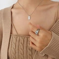 Minimalist silver steel necklace with Love pendant and checkerboard heart ring set - Steel Color Necklace (40+5cm)