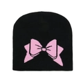 Dames gebreide muts in zwart met een groot roze jacquard strikpatroon ontwerp - Zwart (Roze Strik)