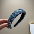 Detail of blue tweed woven headband showing multi-color fabric texture and wide design - Royal Blue + Green + White