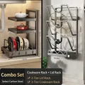 Black carbon steel kitchen pot rack and lid holder set for adjustable cabinet storage - 3-Tier Lid Rack + 3-Tier Pot Rack / Gunmetal