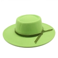 Light green wool felt boater hat with a dark green velvet ribbon on a white background - M (56-58cm) / Fruit Green