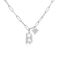 Macro detail of silver paperclip chain necklace with zircon heart and letter B pendant - Letter A / White Gold