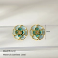 Golden flower earrings with light blue enamel petals and sparkling center crystals - Earrings