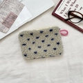 Plush lamb wool mini coin purse with blue polka dots and pink lanyard loop - Lamb Wool Heart Rice Blue