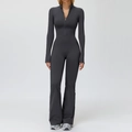Combinaison de yoga gris foncé à manches longues avec jambe évasée et demi-zip - M / Gris Liberté