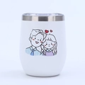 Detail of 12oz white egg-shaped tumbler with cartoon couple print and clear lid - Cartoon Couple Heart Style