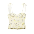 Detail van bloemen poplin top met dunne strikbandjes en een ruche aan de zoom - XS / Lichtgeel Bloemen