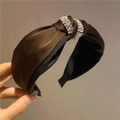 Elegant wide satin headband in deep brown with sparkling double rhinestone rings - S1 Coffee Satin Full Rhinestone Ring Knot Style