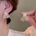 Floral clover stud earrings with pink and grey cat eye stones and white pearls - Gold-Pink Pearl Cat Eye (63# Silver Earring Post)