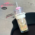 520ML vertical textured glass coffee cup with pink accents and thick silicone sleeve - Pink 520ml (With Lid + Plastic Straw + Thickened Silicone Sleeve)