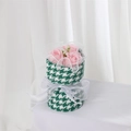Detail of pink soap rose bouquet wrapped in green houndstooth fabric with a white ribbon bow - Grass Decor (No Handbag) / Light Pink