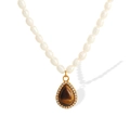 Collana di perle retrò francese con ciondolo a goccia in occhio di tigre e piccoli diamanti - Collana Oro Occhio di Tigre Marrone XL152