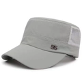 Detail view of grey flat top military hat with breathable mesh side panels and 95 metal logo - Adjustable / Light Gray