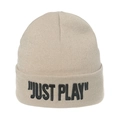 Detail of beige knit beanie featuring black Just Play embroidery and ribbed texture - M (56-58cm) / Beige