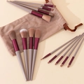 Set of 12 purple and beige makeup brushes with soft synthetic bristles and velvet pouch - 13 Pcs + Cloth Bag / Brown