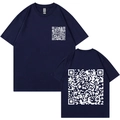 Close-up of navy cotton T-shirt featuring white QR code patterns on front and back - S / Navy Blue