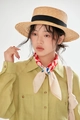 Detail of beige straw boater hat with black ribbon and floral patterned neck scarf - Beige Red Letters