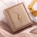 Sparkling 18K gold rose pendant necklace with zircons and titanium steel chain for women - Rotating Flower Style D (A219)
