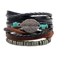 Vintage leren armbandenset voor heren met houten kralen en een metalen bladbedeltje - Retro Gelaagde Bladhanger Stijl