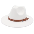 White cashmere fedora jazz hat with brown leather belt and metallic silver studs - White (2 Studs)