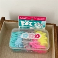 Cartoon boxed cream colored hair elastics in blue, gray, pink, and yellow for kids - Flower Style