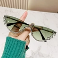 Modern cat-eye sunglasses with light green gradient lenses and crystal embellishments - White Rhinestone Gradient Green Lens