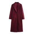 Detailed close-up of burgundy wool coat showing lapel collar and single-breasted button - XS / Burgundy