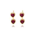 Elegant gold-plated heart drop earrings with vibrant red zircon stones and bead edging - Gold Double Heart with Red Zirconia (E2123)