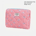 Red plaid quilted makeup bag with blue bow prints and top zipper closure, 23x6x18cm - Red Clutch Bag