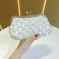 Elegant white satin evening clutch bag with quilted texture and rhinestone metal frame - White