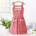Red checkered cotton apron with elegant white lace trim and two functional pockets - Red (Plaid Lace)