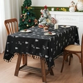 Nappe de Noël en lin noir avec motifs de cerfs et sapins blancs et glands noirs - 150*100CM / Noël Noir
