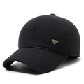 Warm black knitted baseball cap with ribbed texture and metal triangular badge detail - Adjustable / Black