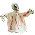 Halloween scary zombie ground stake with green bloody face and white tattered fabric costume - Large Swinging Ghost / White