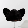 Detailed view of plush cat ear hat in black faux fur with a soft inner lining - M(56-58cm) / Black