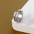 Macro shot of silver titanium steel buckle earrings with sparkling zircon inlay detail - Round Zircon / Silver