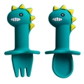 Silicone baby fork and spoon set with cute green dinosaur handle and safety guard - Full Silicone Fork and Spoon Set / Dark Green