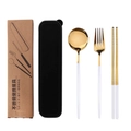 Portable stainless steel cutlery set with white gold spoon fork and chopsticks in black case - White Gold Spoon Fork Chopsticks 3-Piece Set - Black Box