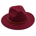 Detail of burgundy wool fedora hat featuring a brown leather band and metal belt buckle - M (56-58cm) / Burgundy