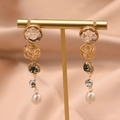 Handmade golden tassel earrings with Baroque pearls and dark green faceted gemstones - Zirconia Long Pendant Earrings