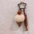 Ice cream cone plush keychain with beige fur and brown lattice pattern on woven cord - Ice Cream