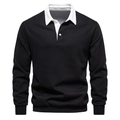 Detail eines schwarzen langärmeligen Polo-Sweatshirts mit weißem Kragen und Rippbündchen - S / Schwarz
