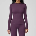 Slim fit dark purple long sleeve yoga set with high waist leggings for fitness - S / Dark Purple