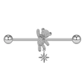 Detail of silver bear cartilage piercing with sparkling zircon stones and star pendant - Silver Pave Bear Star Industrial Barbell (#3)