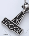 Detailed view of stainless steel Mjolnir pendant with wolf head and 35MM size label - Thor's Hammer Wolf Head Style (Style 11)
