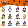 Detailed size guide showing 12 unique Halloween gnome magnets with specific dimensions - CT344