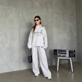 Light gray American retro half-zip sweatshirt and wide-leg sweatpants two-piece set - S / White
