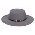 Classic grey wide brim felt fedora hat with a black leather band and gold buckle - 56-58cm / Gray Flat Top Fedora (AB22)
