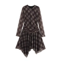 Robe en mesh à carreaux marron foncé avec manches longues, taille froncée et ourlet asymétrique - S / Carreaux Marron
